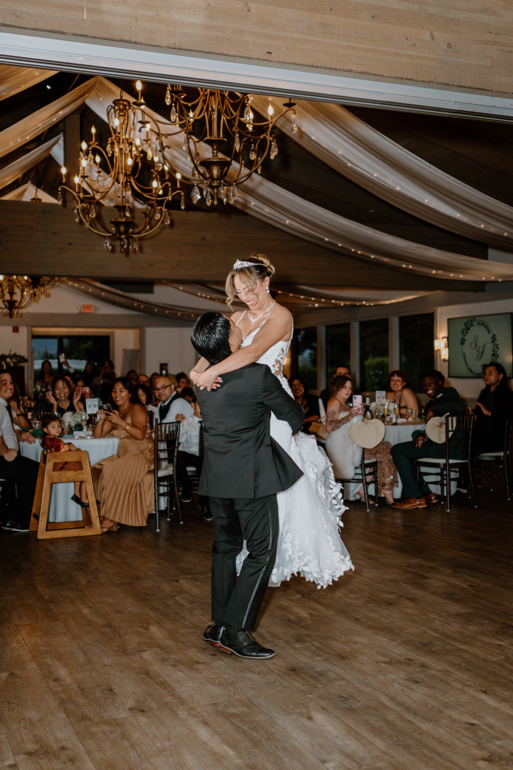 Jon lifting Jane on the dance floor at the reception